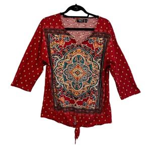 Onque Casual Womens Top Large Embellished Split Neck Tie Waist Medallion Print